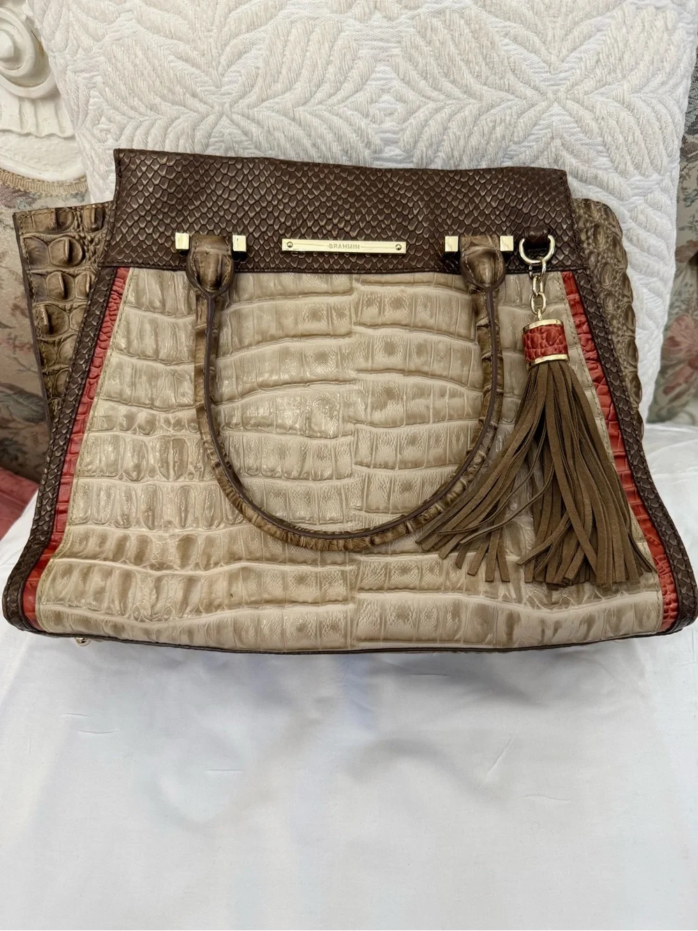 Croc-Embossed Tote in Beige and Brown with Red Trim
